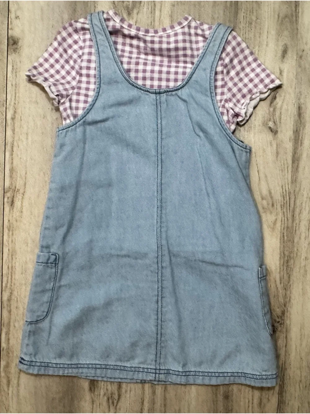 Old Navy Light Blue Denim Pinafore with Purple Gingham Tee